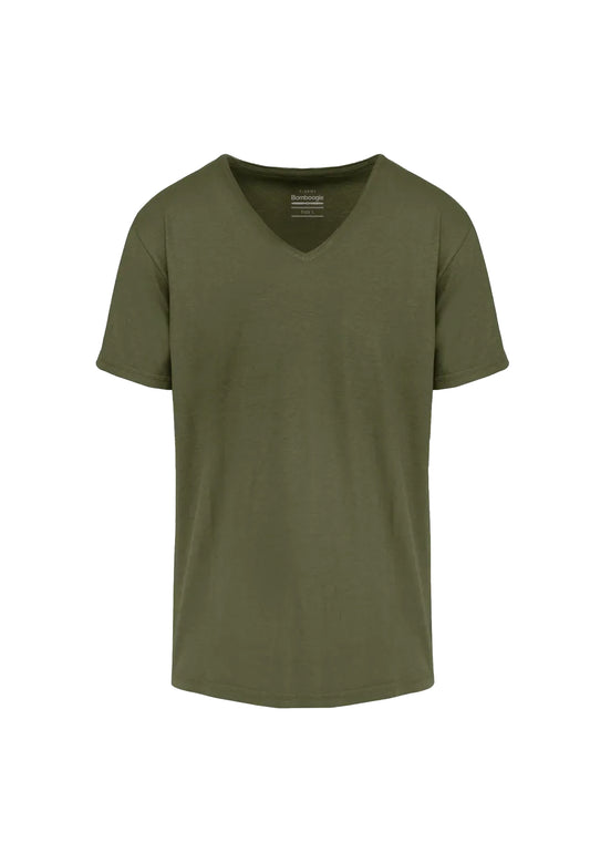 T-shirt scollo a v verde misto cotone e lino Bomboogie P24