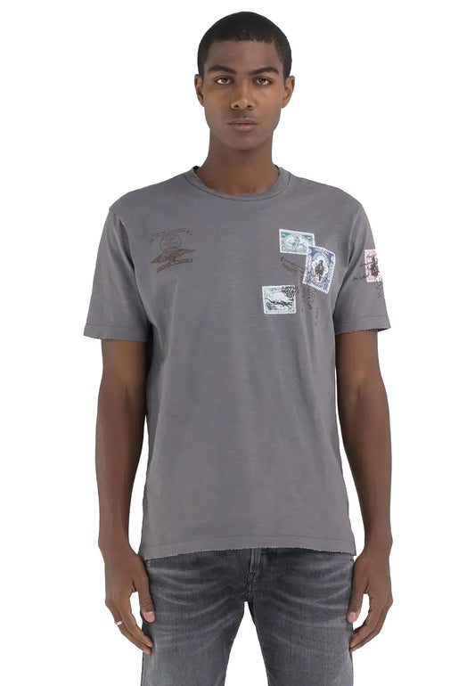 T-shirt girocollo cotone grigio stampa timbri francobollo Replay P24