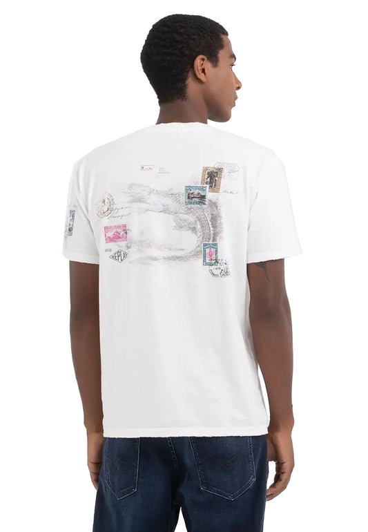 T-shirt girocollo cotone bianca stampa timbri francobollo Replay P24