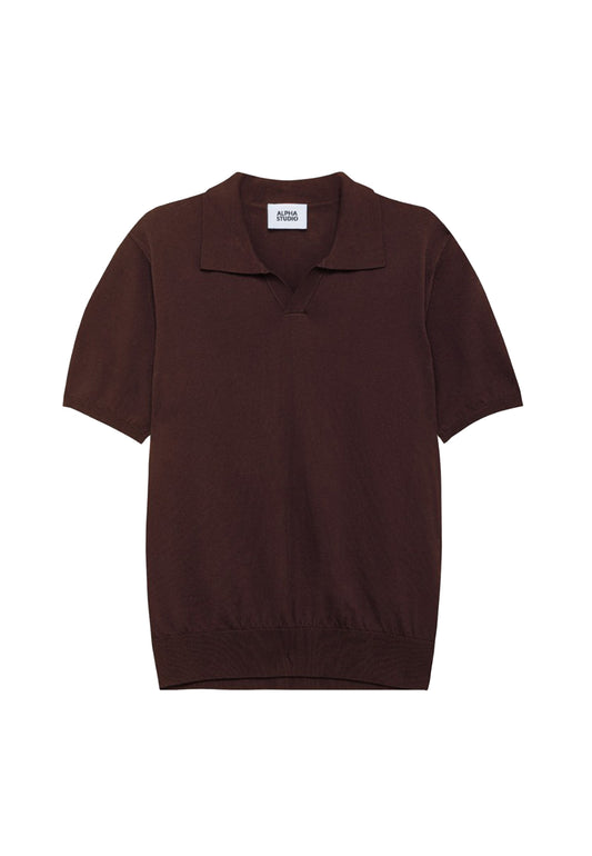 Polo marrone maniche corte in cotone crepe senza bottoni Alpha Studio P26 202601AU 5041B1009 ALPHA 