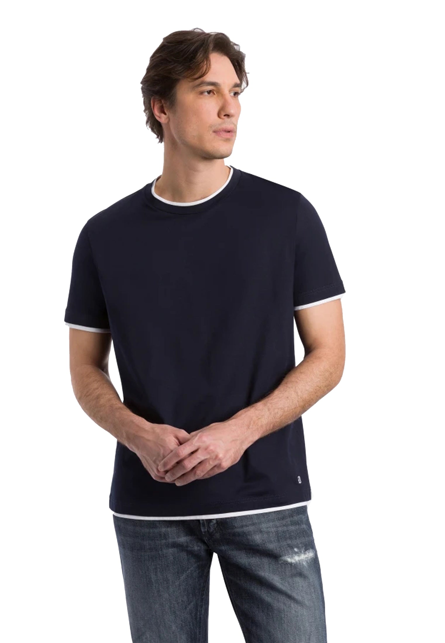 T-shirt girocollo cotone blu regular fit bordo bianco Dondup P26 US366 JF0271U XXX890 DONDUP 