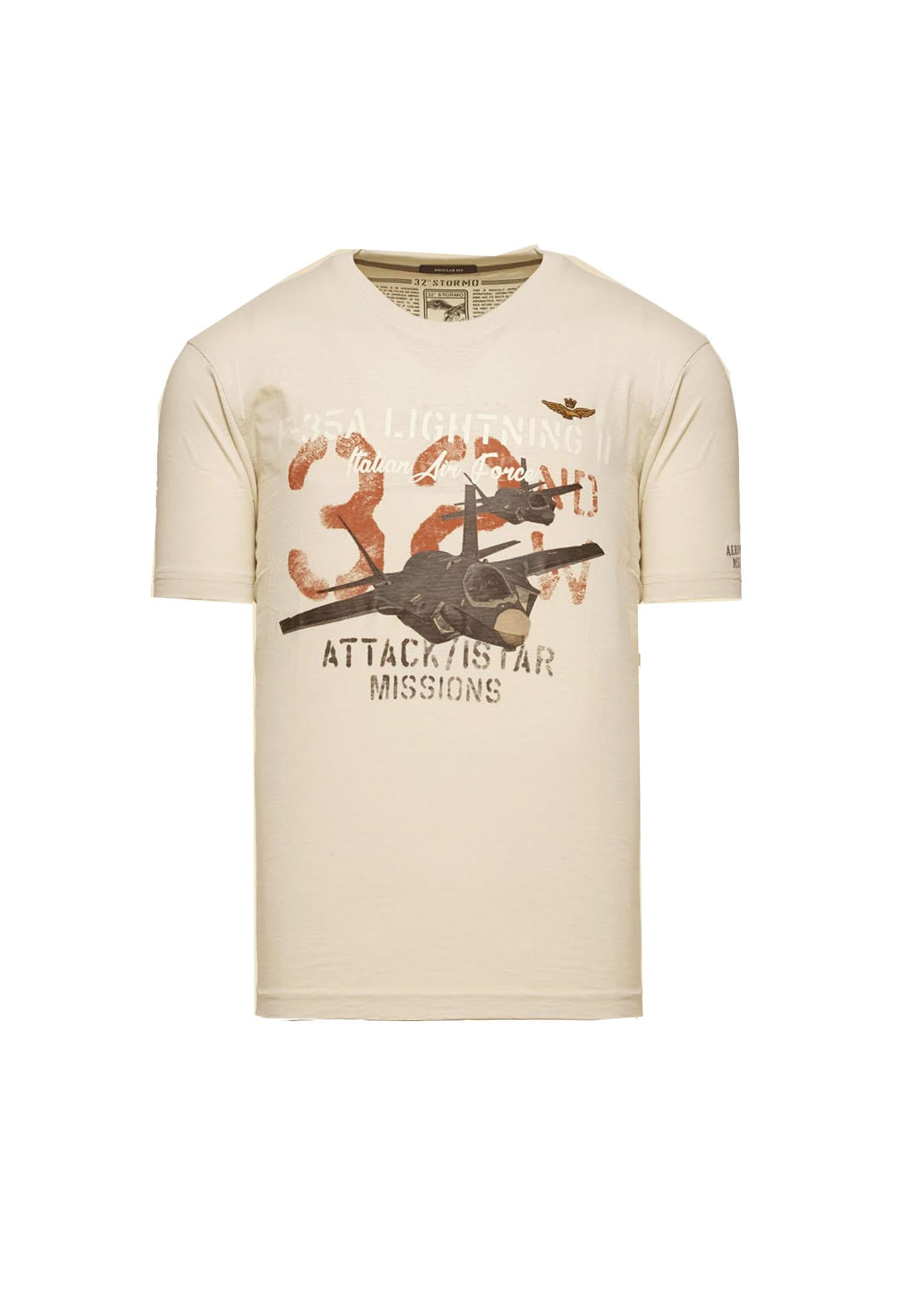 T-shirt beige girocollo cotone fiammato stampa F-35 Aeronautica Militare A25 252TS2472UJ00708 7307873078 AERONAUTICA MILITARE 