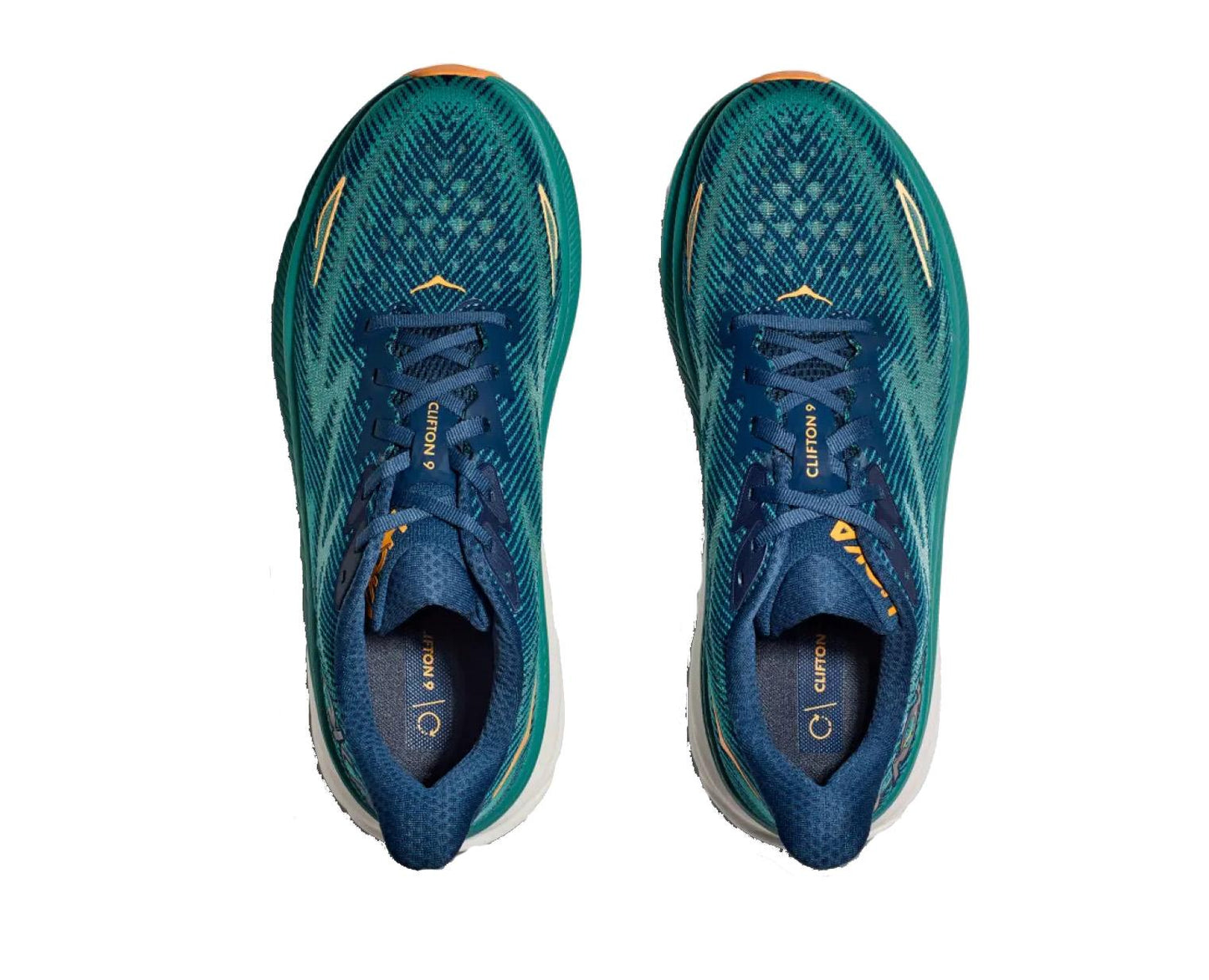 Scarpe sneakers da corsa uomo verde acqua/bianche/arancioni Clifton 9 Hoka A24