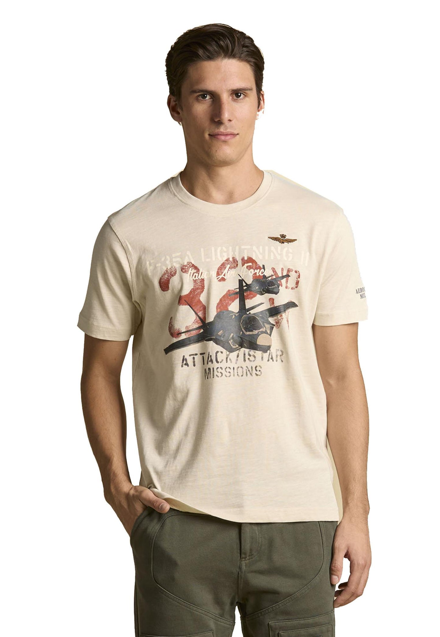 T-shirt beige girocollo cotone fiammato stampa F-35 Aeronautica Militare A25 252TS2472UJ00708 7307873078 AERONAUTICA MILITARE 