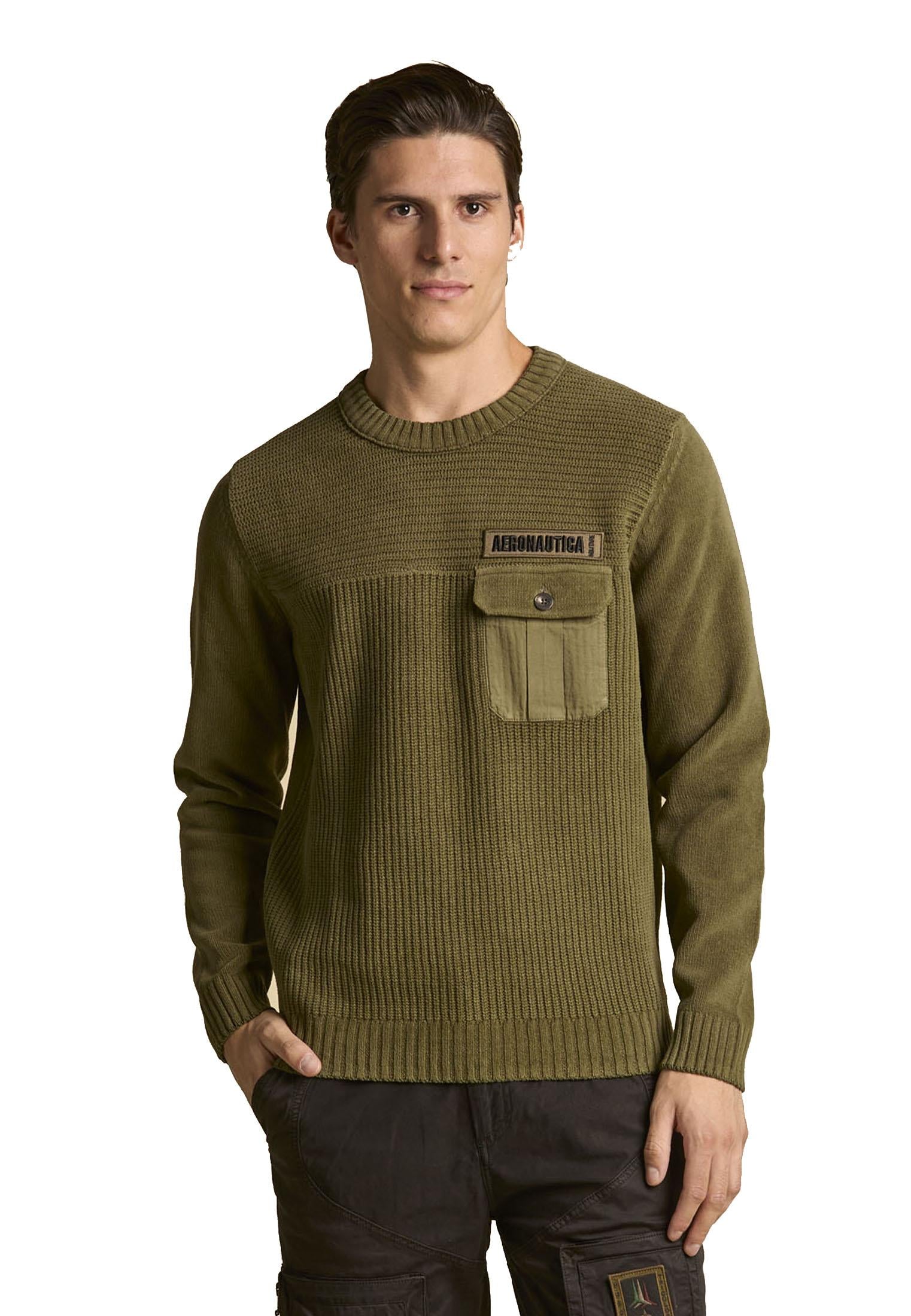 Maglia girocollo ciniglia oliva con taschino Aeronautica Militare A25 252MA1573UL00539 0719807198 AERONAUTICA MILITARE 