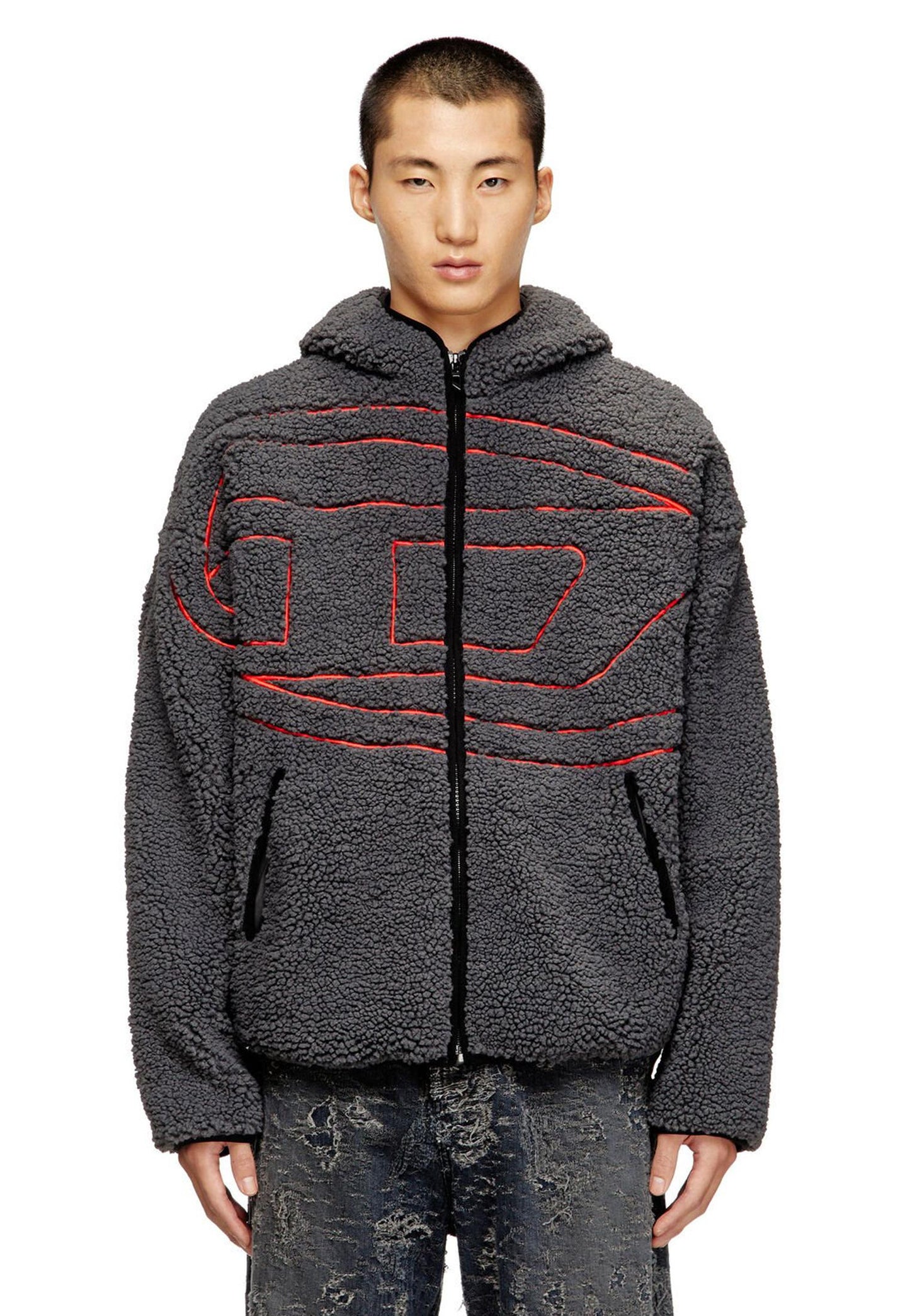 Felpa teddy grigia con cappuccio S-Zat Diesel A25 A18947-0KIBT 3030 DIESEL 