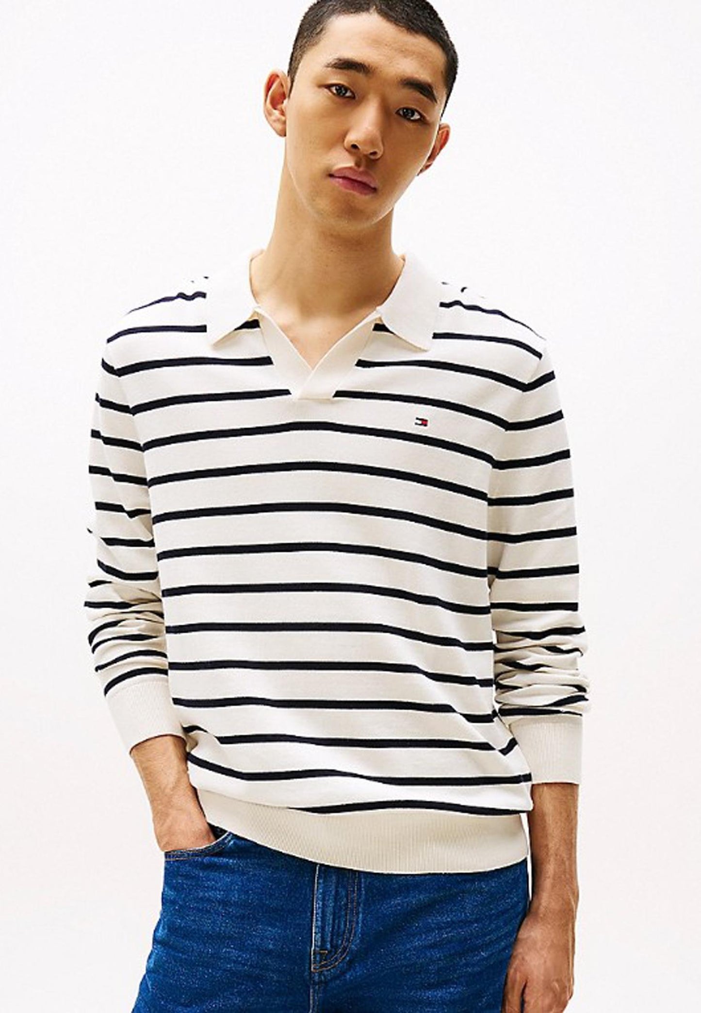 Pullover maglia scollo a V blu a righe colletto polo Tommy Hilfiger P25