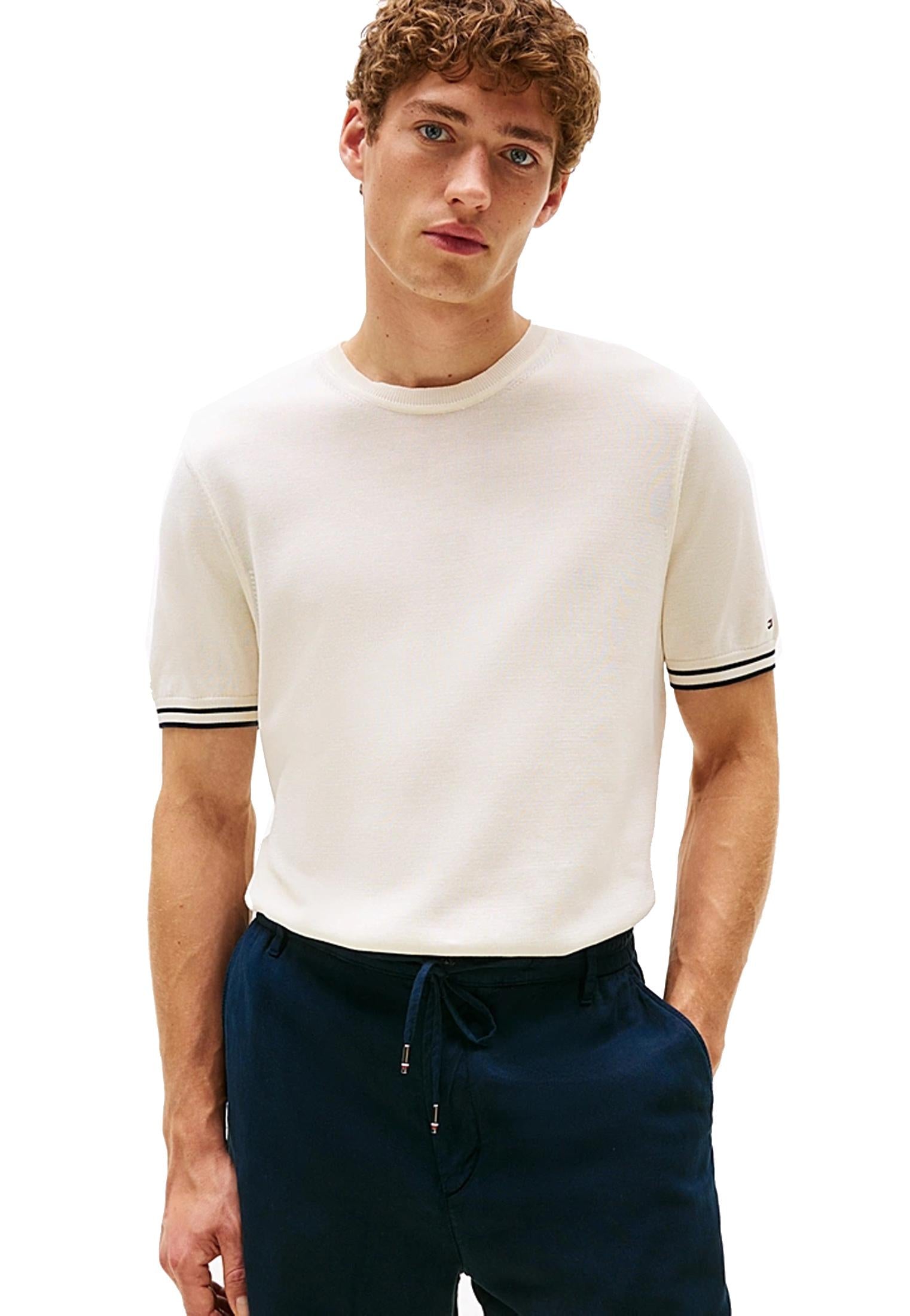 T-shirt girocollo in maglia di cotone bianca contrasto righe Tommy Hilfiger A25 MW0MW39778Z00 Z00Z00 TOMMY HILFIGER 