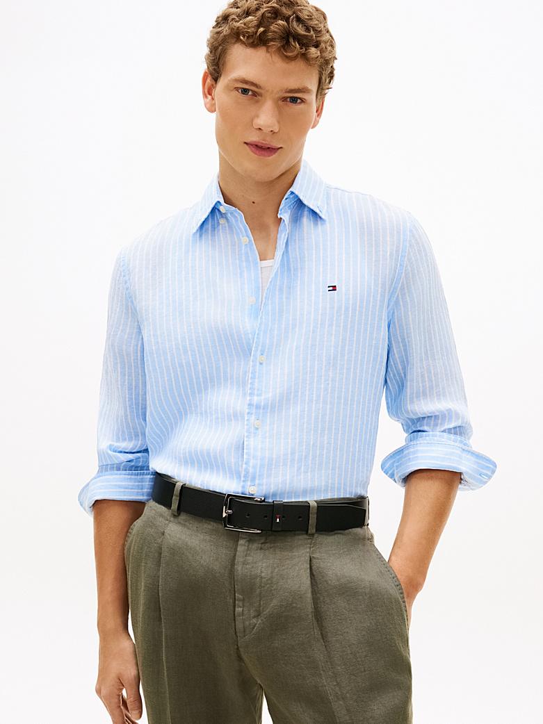 Camicia azzurra regular fit puro lino a righe Tommy Hilfiger P26 MW0MW424000A5 0A50A5 TOMMY HILFIGER 