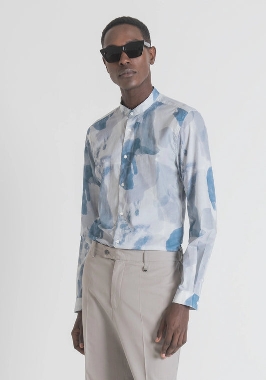 Slim Fit Shirt In Pure Soft-Touch Printed Cotton With Antony Morato Mandarin Collar